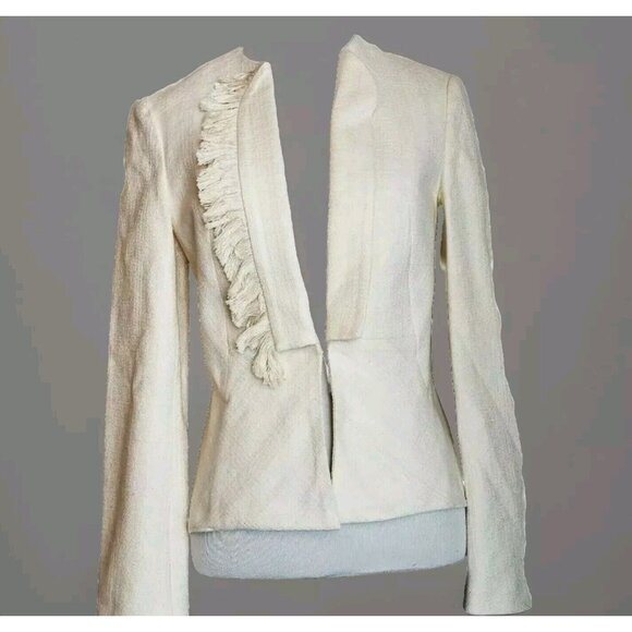 Derek Lam 10 Crosby Jacket Womens 2 Peplum Ivory Fringe Lapel Blazer Textured - Picture 1 of 10